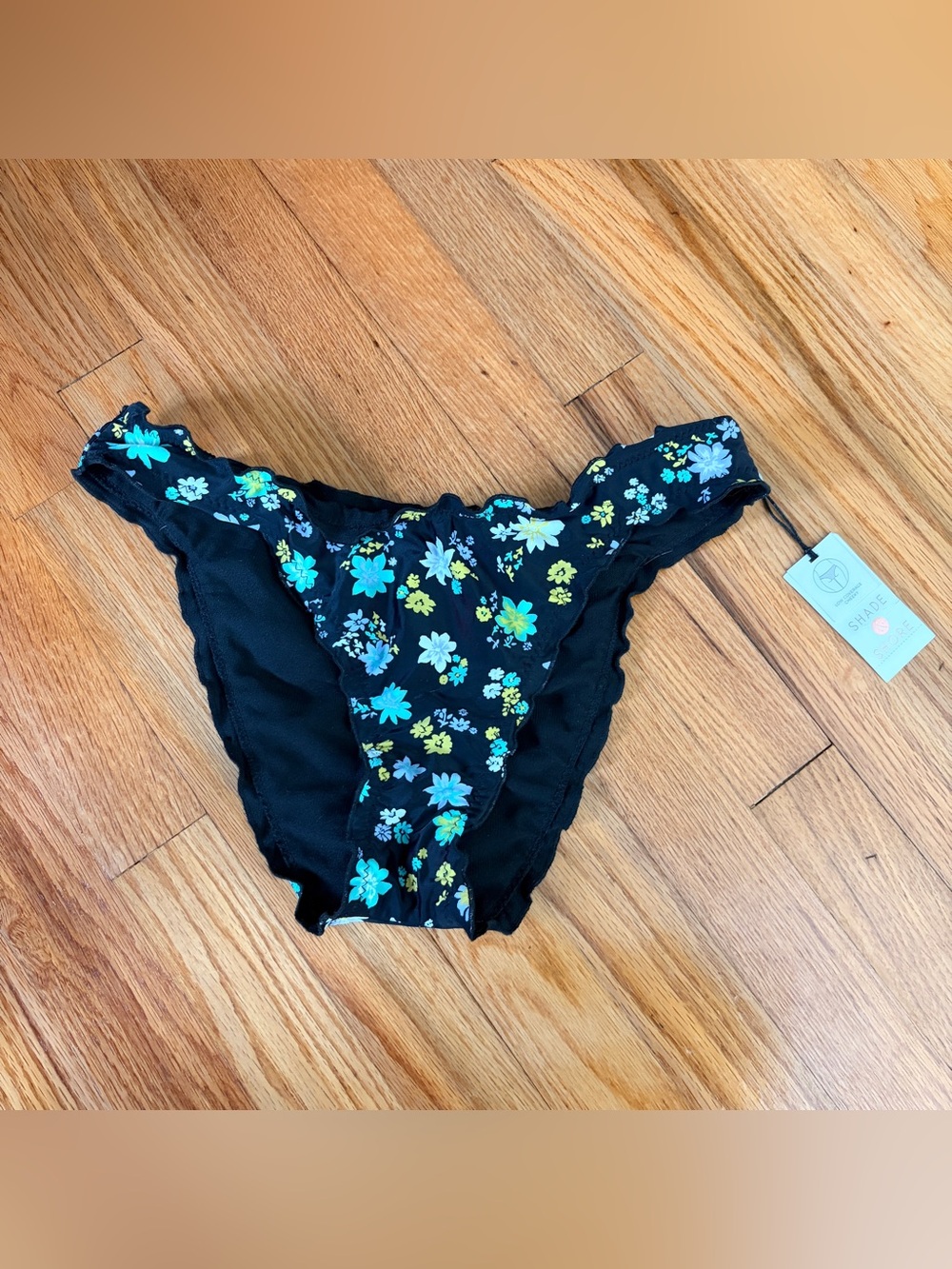 NWT Shade & Shore‎ Black Bikini Bottom with Blue Yellow FloraLettuce Trim Medium
